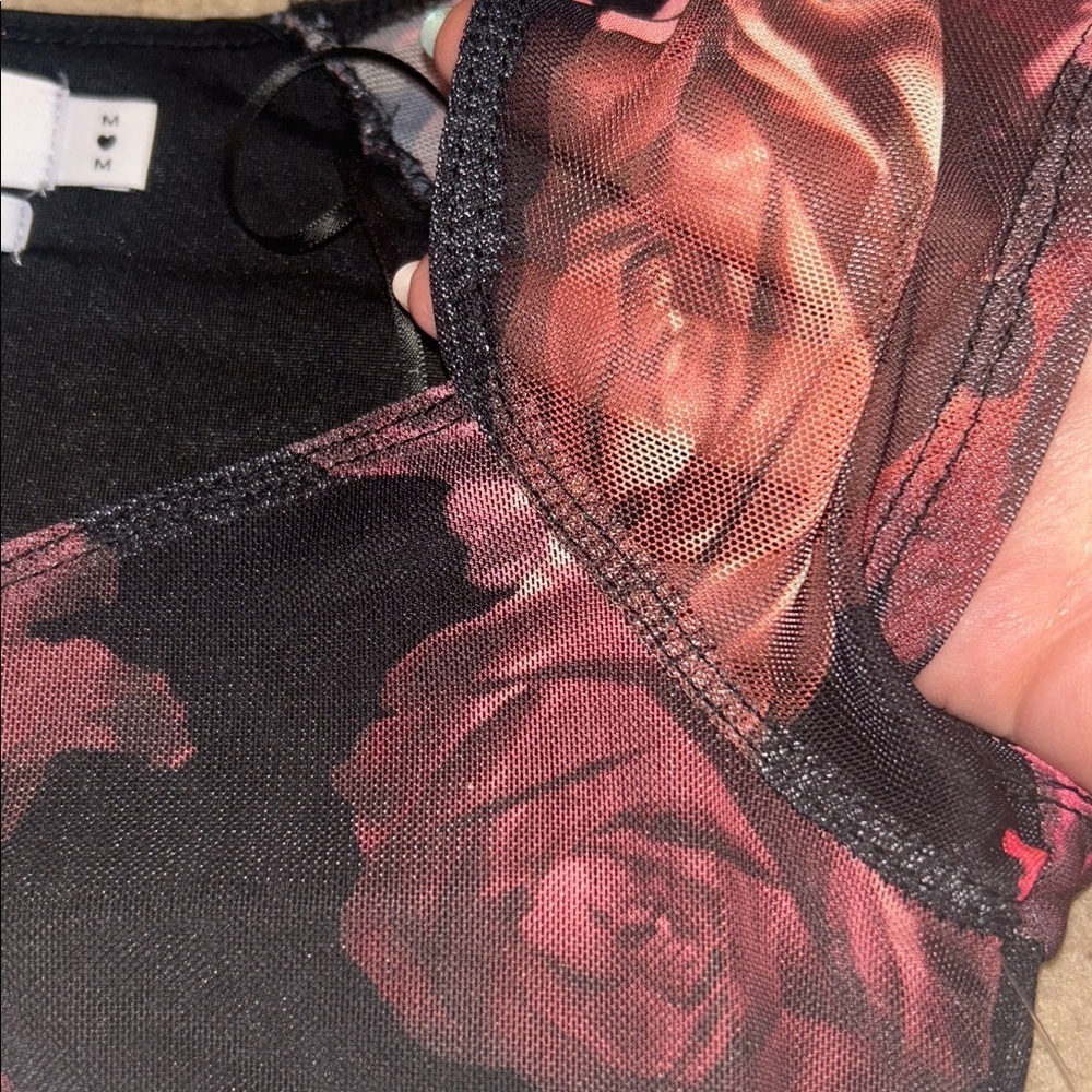 Whimsigoth Twik Black and Pink romantic Floral Mesh sleeves Tie Up Crop Top - Picture 4 of 8